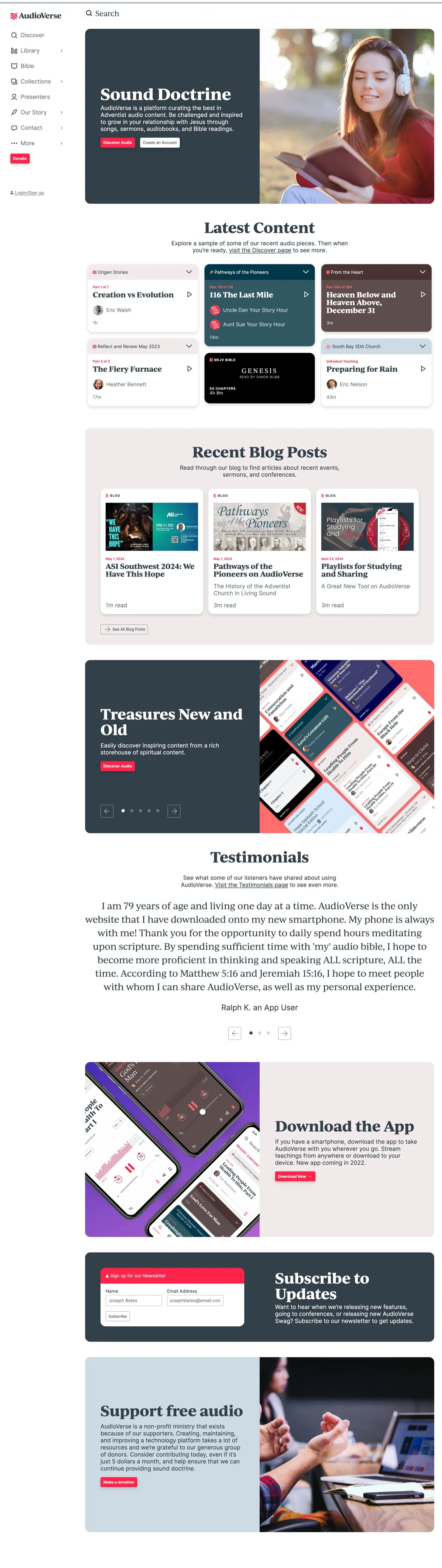AudioVerse home page: sidebar navigation, "Sound Doctrine" hero, latest content grid, blog posts, testimonials, and donation sections
