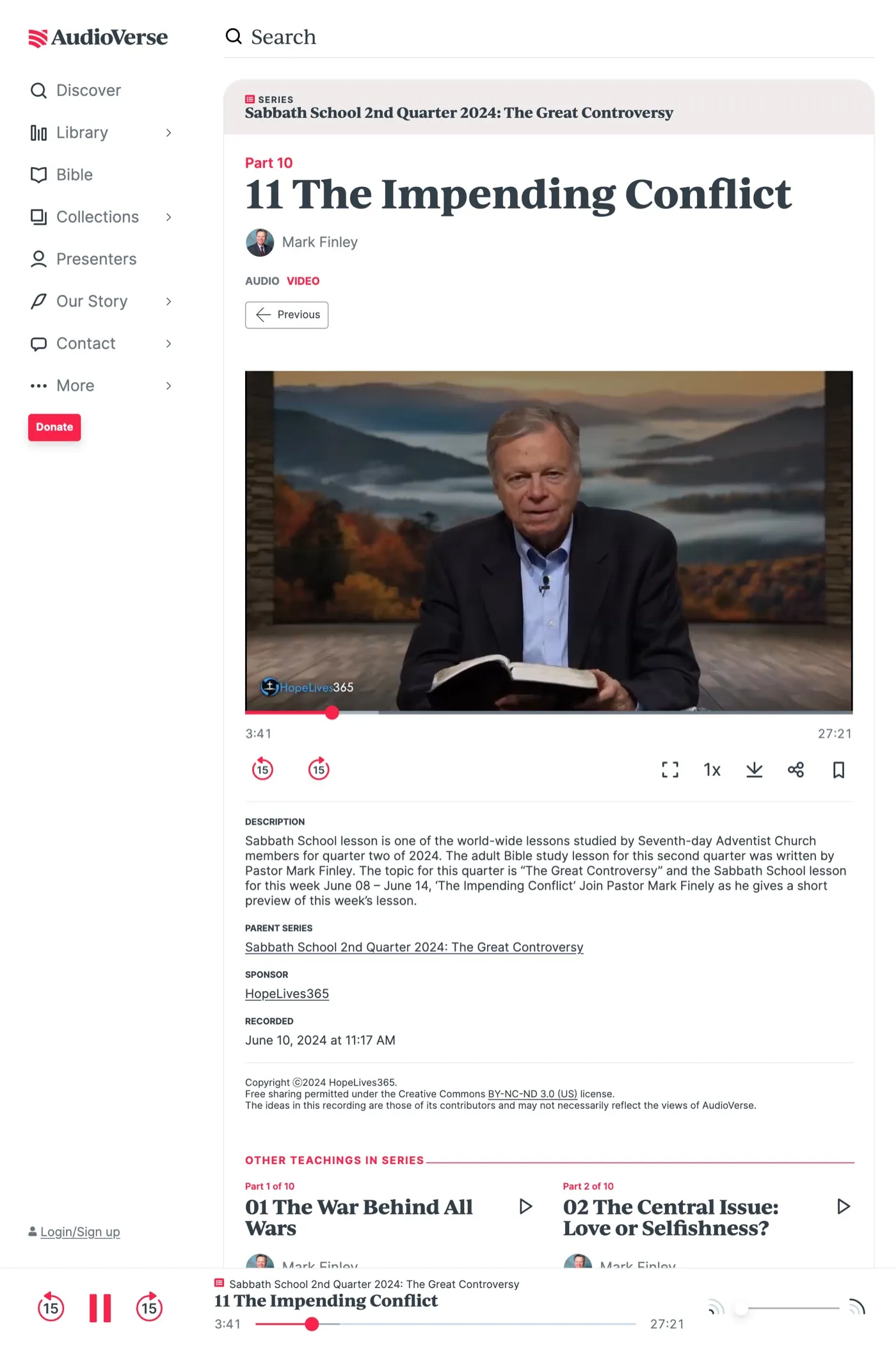AudioVerse recording page: video player with speed and download controls, description, series metadata, and a persistent bottom playback bar