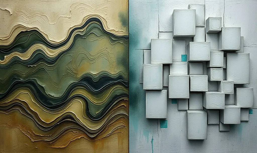 Semi-abstract oil painting of organic flowing forms on one side gradually crystallizing into geometric interconnected structures on the other, muted greens and browns giving way to clean slate grays with touches of optimistic teal, thick impasto application with palette knife ridges, texture emphasizing the transformation from fluid to stable