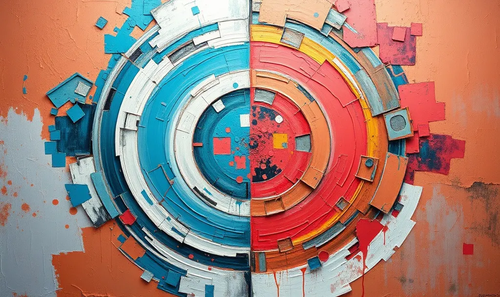 Abstract expressionist painting split into two distinct color zones - left half in cool cyan and silver tones, right half in warm coral and bronze tones, circular movements from each side reaching across the boundary and interlocking like gears, layers building where they meet, heavy impasto technique with visible palette knife marks, conveying two systems in constant dialogue and mutual refinement