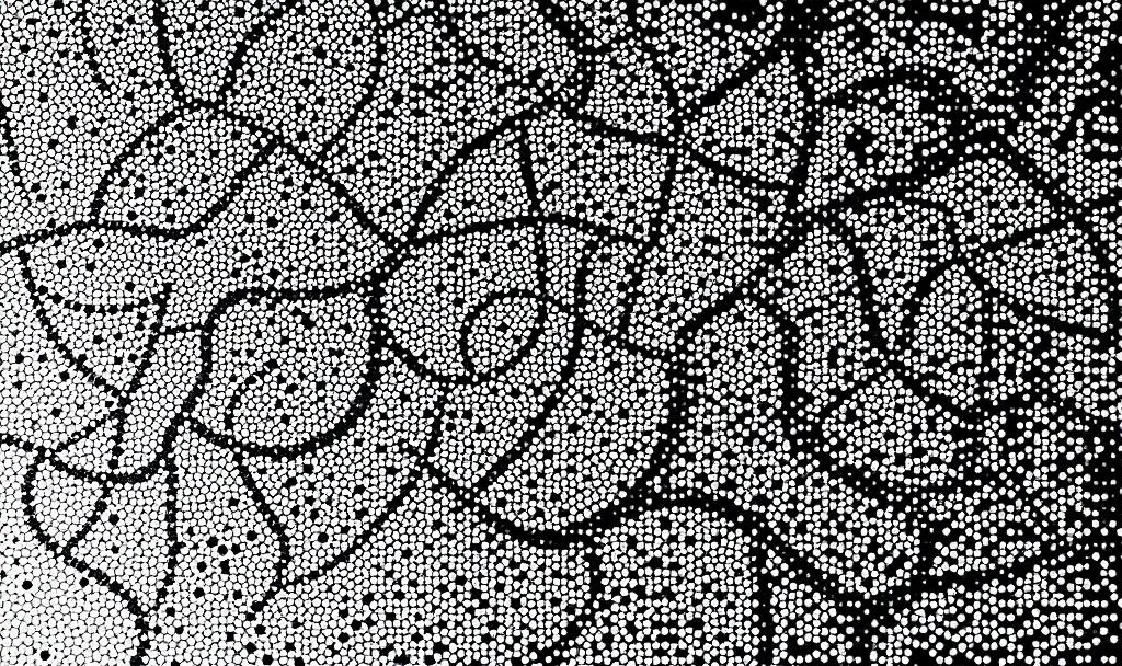 Pointillist painting showing a large, complex pattern gradually resolving into smaller, distinct elements. Each dot represents a small, manageable task. The viewer's eye naturally follows the flow from overwhelming complexity to organized simplicity.
