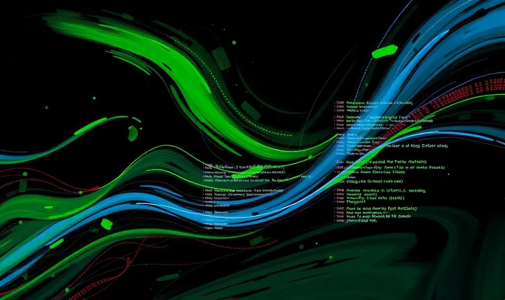 Abstract painterly illustration representing command-line workflow, flowing streams of text and code transforming into organized structures, dark background with luminous green and blue terminal colors, expressionistic brushwork, sense of movement and efficiency, contemporary digital art style